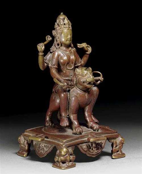 Appraisal: FINE FIGURE OF DURGA Brass bronze with red-brown patina Probably