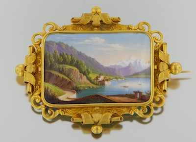 Appraisal: A Swiss Gold and Enamel Landscape Brooch Tested k god