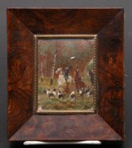 Appraisal: Wosch Continental School Hand-painted hunting scene oil on ivory In