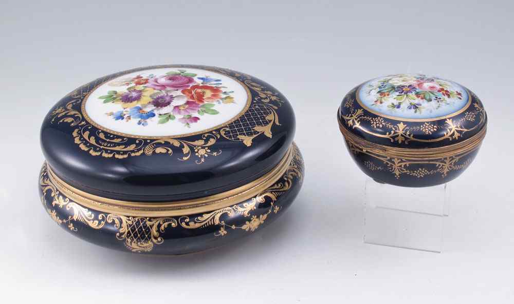 Appraisal: DRESDEN HAND PAINTED PORCELAIN DRESSER JARS Each with handpainted flowers