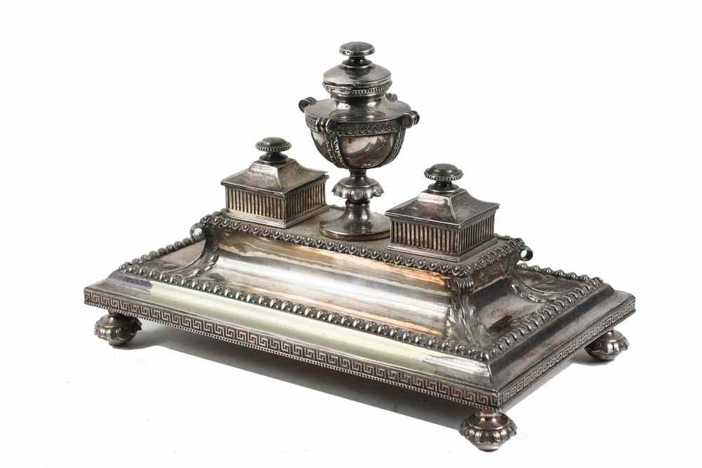 Appraisal: ENGLISH SILVERPLATE INKWELL - English Silverplate Double Inkwell with central