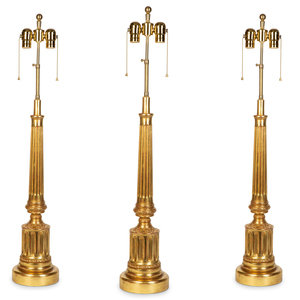 Appraisal: Three Giltwood Columnar Lamps th Century Height overall inches