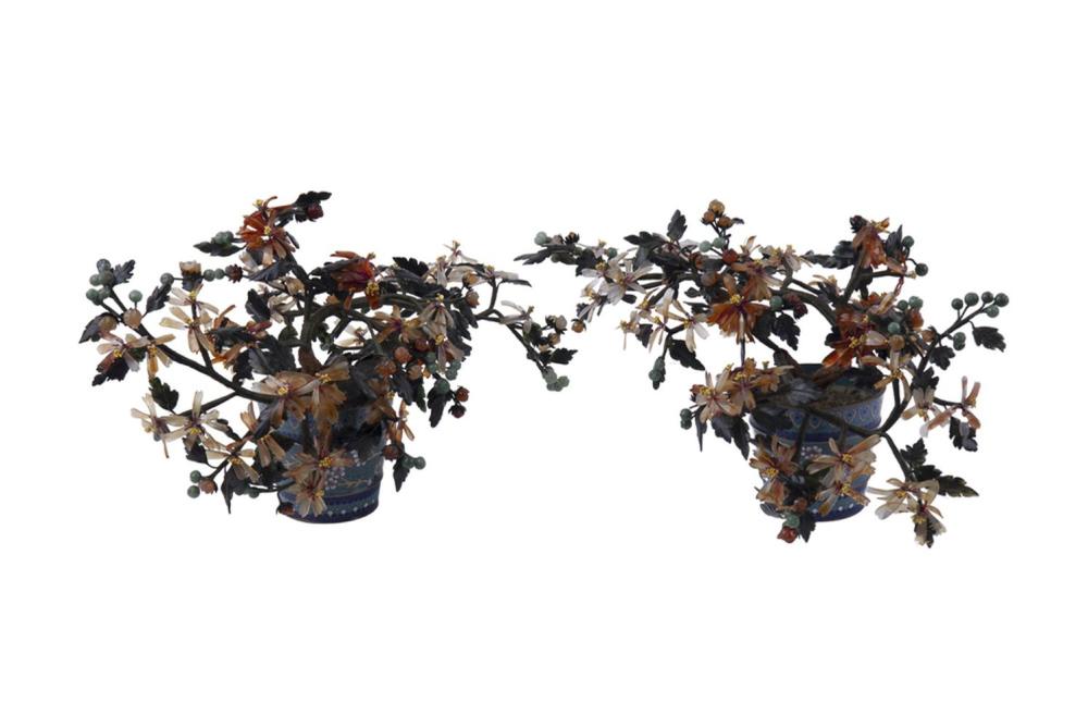 Appraisal: PAIR OF CHINESE JADE TREES IN CLOISONNE POTS inches wide