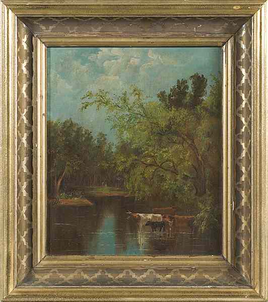 Appraisal: Landscape with Cows Oil on Burlap American th century unsigned