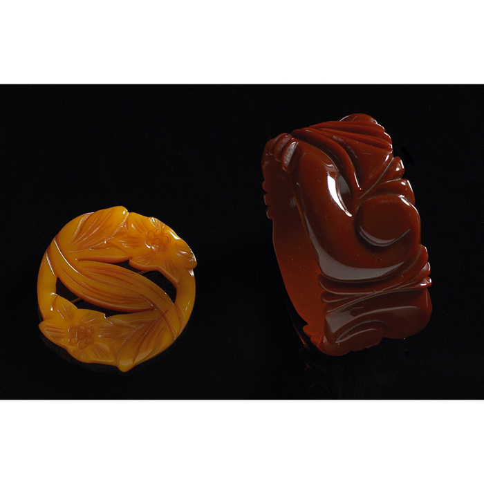 Appraisal: Bakelite pin butterscotch with carved stylized flowers and leaves dia