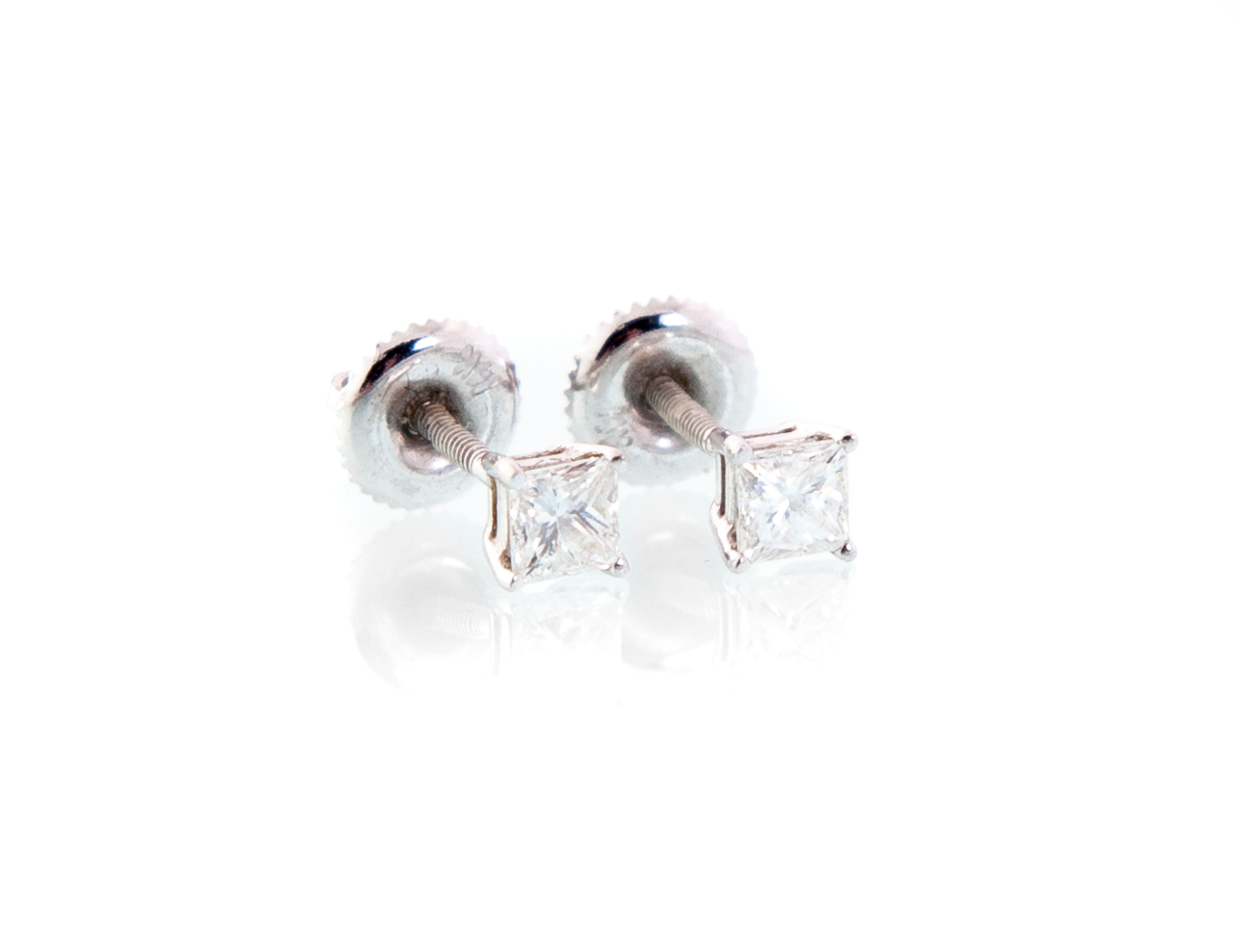 Appraisal: SQUARE BRILLIANT CUT DIAMOND STUD EARRINGS American st century k