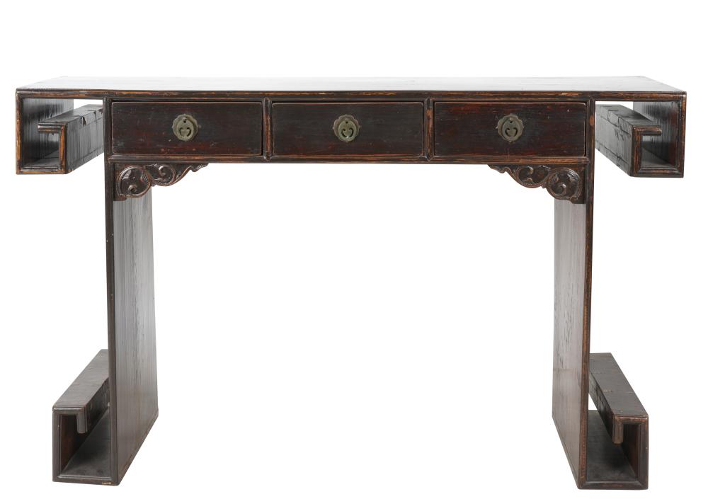 Appraisal: CHINESE ALTAR TABLEwith three drawers and carved pierced spandrels inches