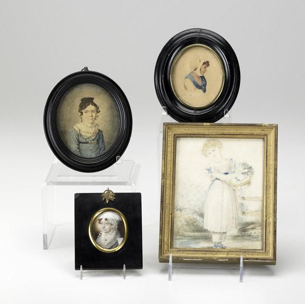 Appraisal: PORTRAIT MINIATURES Grouping of four watercolor gouache paintings depicting women