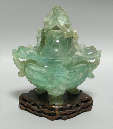 Appraisal: CHINESE GREEN FLORITE CENSER AND COVER Of compressed globular form