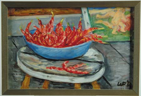 Appraisal: WALDO PEIRCE American - BLUE BOWL RED BEANS Oil on