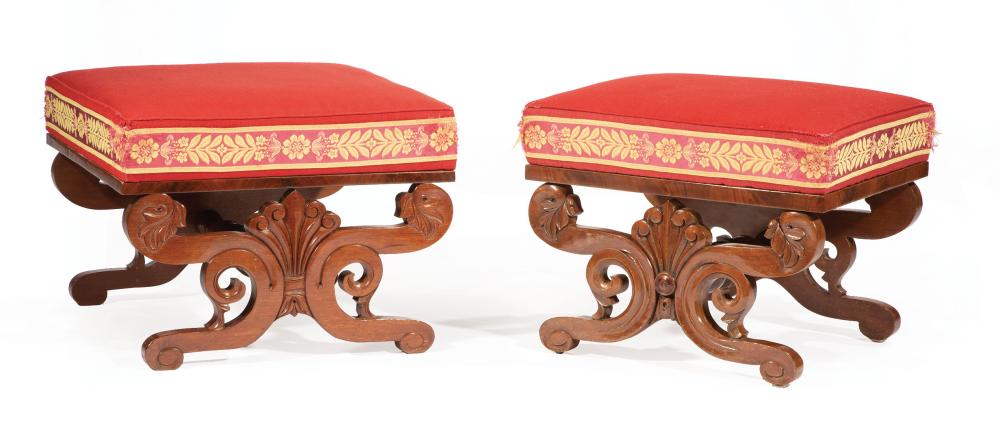 Appraisal: Pair of American Classical Carved Mahogany Tabourets c upholstered seat