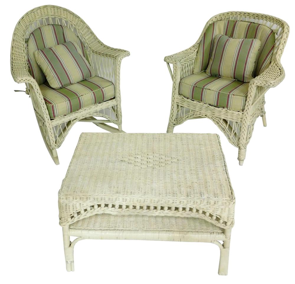 Appraisal: GARDEN Wicker rocking armchair armchair and coffee table cream painted