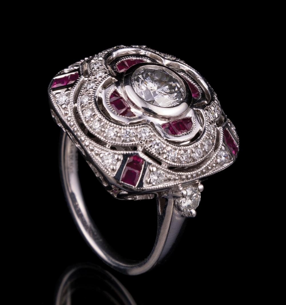 Appraisal: Art Deco-Style Platinum Diamond and Ruby Ring central bezel set