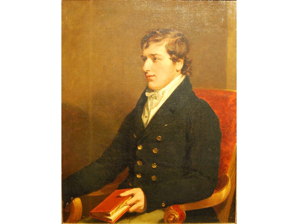 Appraisal: Portrait of a seated gentleman holding a book oil on