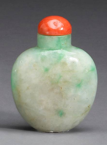 Appraisal: A jadeite snuff bottle Of flattened ovoid form the pale