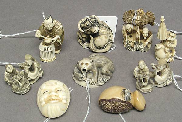 Appraisal: A group of nine contemporary ivory netsuke Depicting various subjects