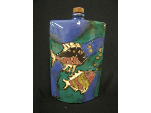 Appraisal: Mexican Art Pottery Flask aquatic scene Art Moderne artist signed