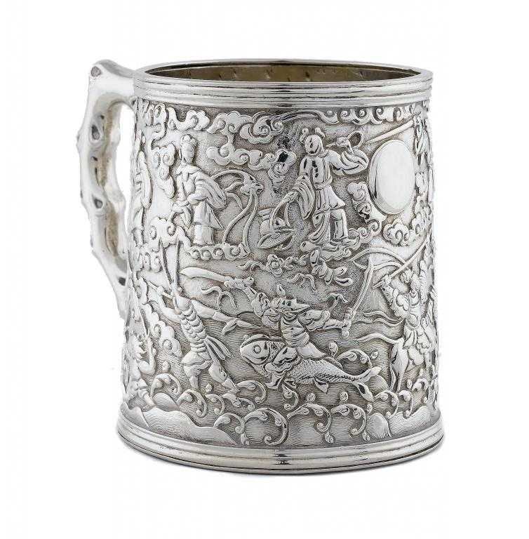 Appraisal: A CHINESE MUG with twig handle and repouss decoration of