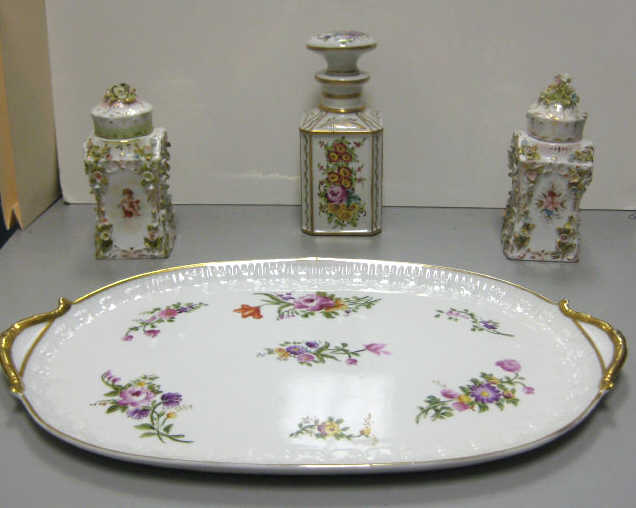 Appraisal: FOUR PIECES FRENCH PORCELAIN VANITY ITEMS Tray a pair of