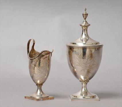 Appraisal: FEDERAL MONOGRAMMED SILVER SUGAR URN AND COVER AND MATCHING HELMET-FORM