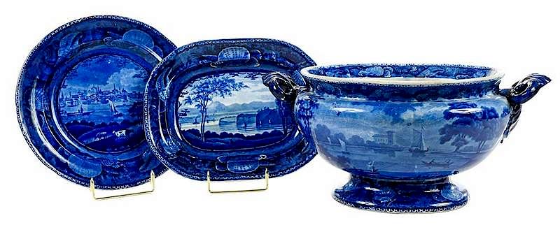 Appraisal: Three Pieces Historical Blue Transfer Ceramics British th century tureen