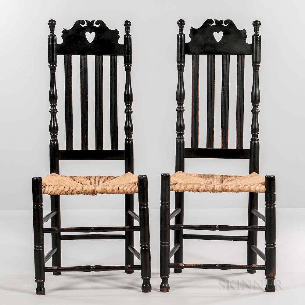 Appraisal: Pair of Black-painted Heart and Crown Bannister-back Chairs Pair of