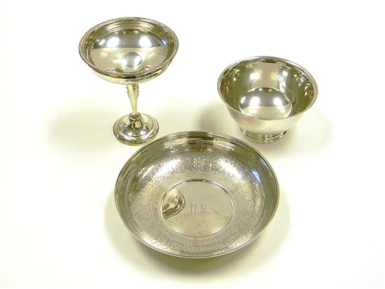 Appraisal: SILVER three pieces including monogrammed sterling fruit bowl scenes of