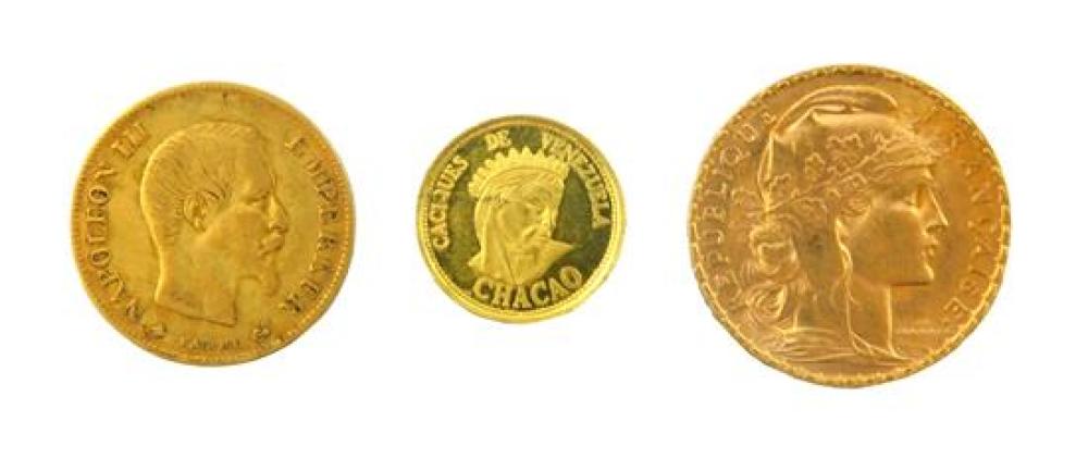 Appraisal: Three world gold coins French Empire ten francs in very