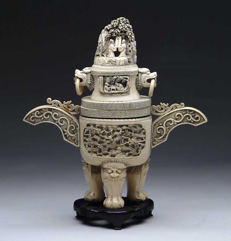 Appraisal: LARGE ORIENTAL CARVED TWO PIECE IVORY JAR The base having