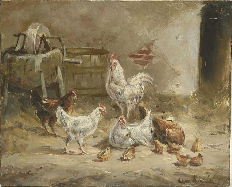 Appraisal: SIGNED th th Century BARN CHICKENS Oil on wood panel