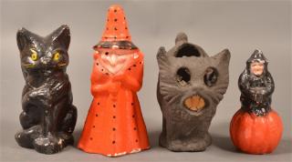 Appraisal: Four Halloween Paper Mache Candy Containers Two cats two witches