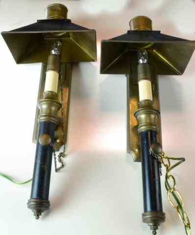 Appraisal: Pr Mid Century Brass Electric Wall SconcesBrass and black candle