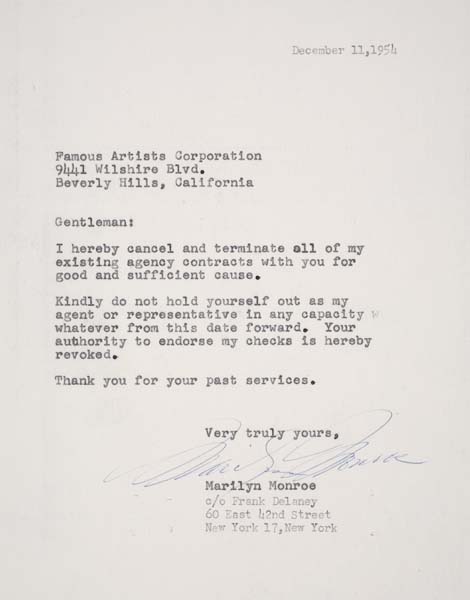 Appraisal: MARILYN MONROE Typed letter signed by Monroe to Famous Artists