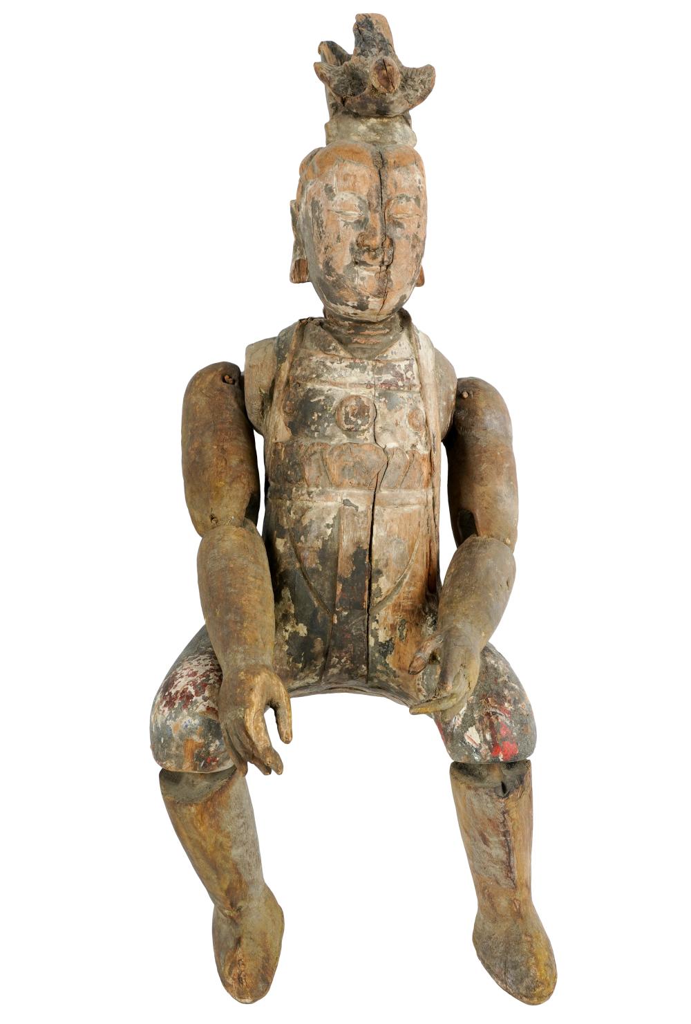 Appraisal: PAINTED CARVED WOOD BUDDHA FIGUREhaving jointed arms and legs inches