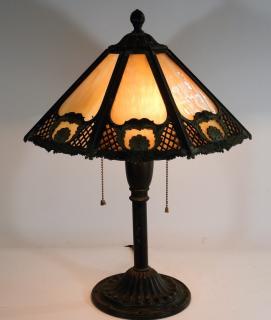 Appraisal: Bradley Hubbard Panel Caramel Slag Bronze Lamp UNITED STATES EARLY