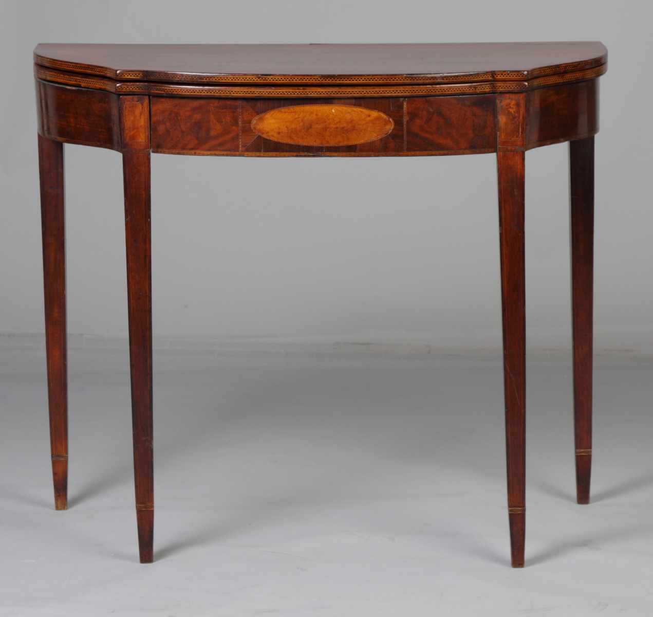 Appraisal: New England Hepplewhite Bow Front Card Table C With inlay