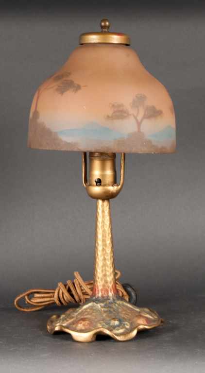 Appraisal: American gilt metal and reverse painted shade boudoir lamp by