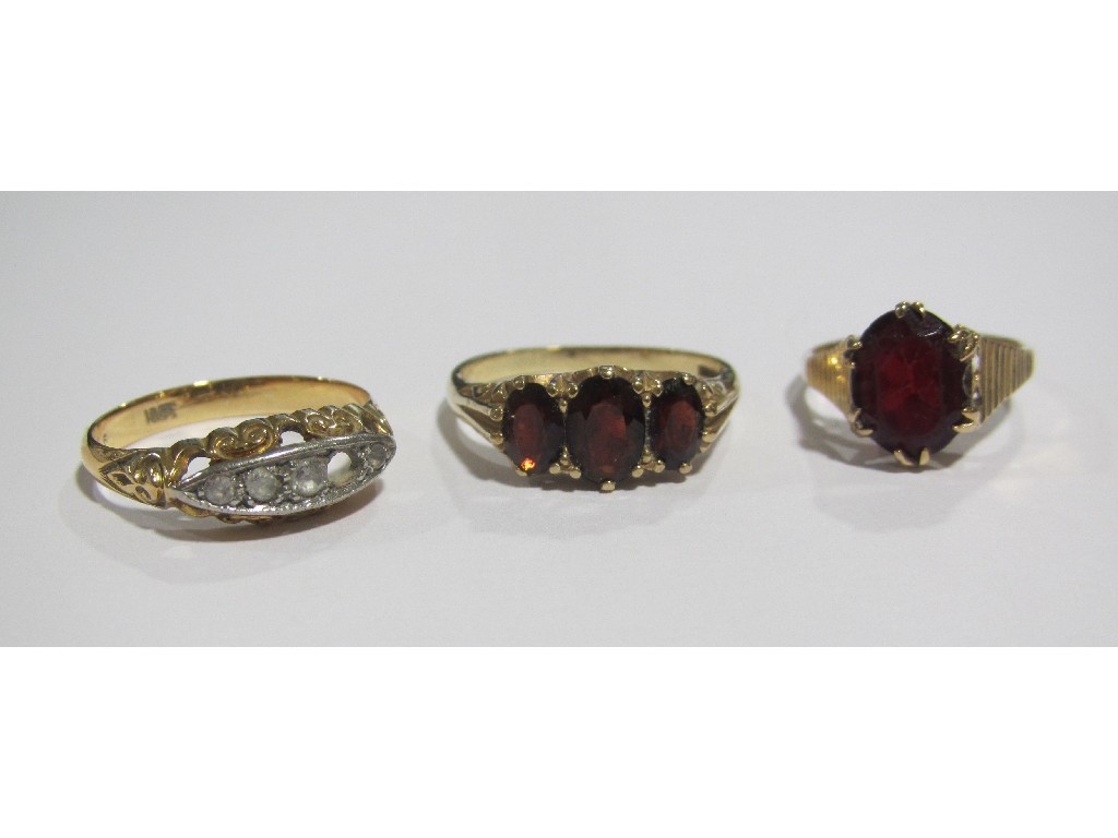 Appraisal: Lot comprising two ct gold garnet set dress rings and