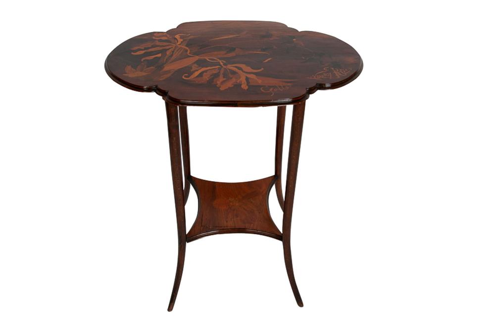 Appraisal: EMILE GALLE MARQUETRY DOUBLE PLATEAU OCCASIONAL TABLEcirca signed Galle Nancy