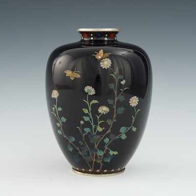 Appraisal: An Ovoid Cloisonne Vase with Butterflies Flowers Attributed Kodenji Studio