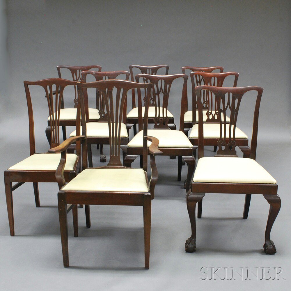 Appraisal: Set of Eight Chippendale-style Carved Mahogany Dining Chairs with white