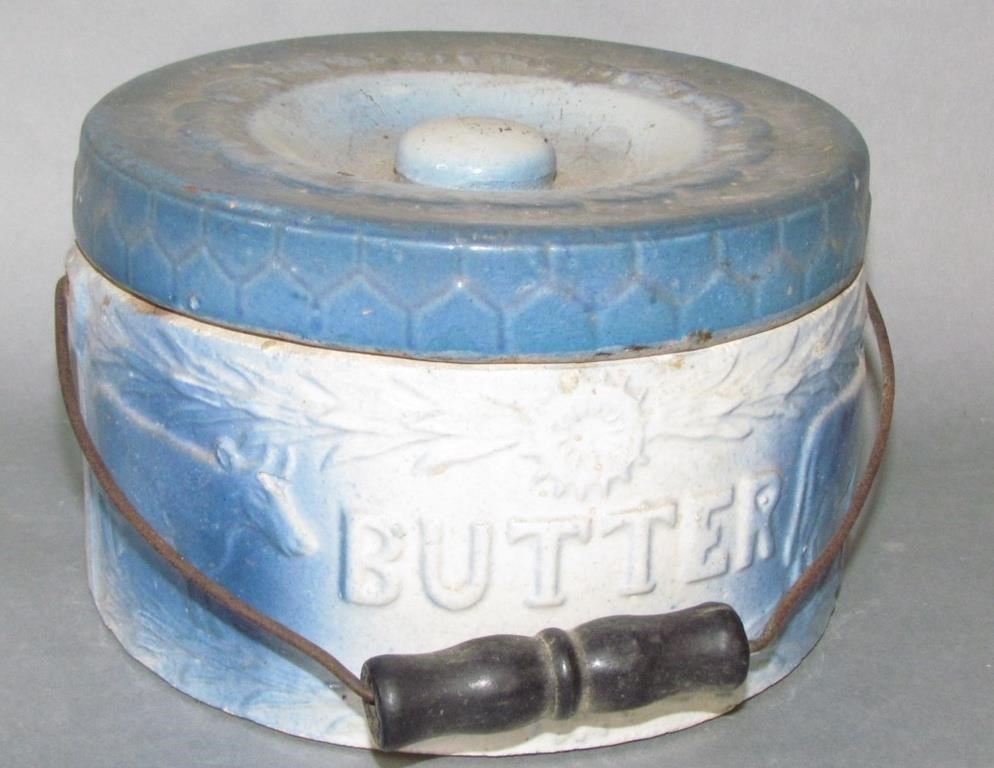 Appraisal: SALT GLAZED STONEWARE BUTTER CROCKcow motif x chip inside lip