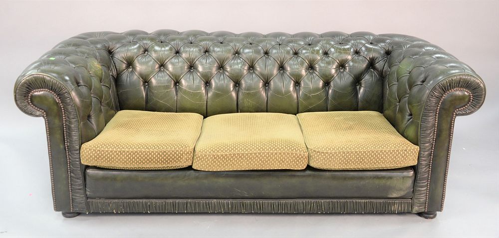 Appraisal: Two piece lot of Chesterfield style green tufted leather sofa