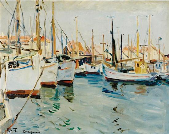 Appraisal: Continental school th century SAILBOATS IN HARBOR oil on canvas