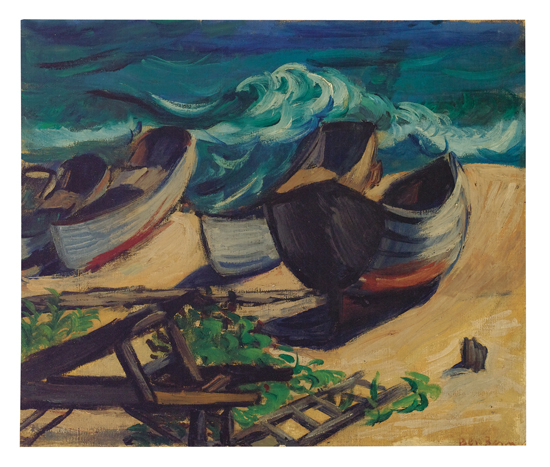 Appraisal: BEN BENN Fishing Boats on a Beach Oil on masonite