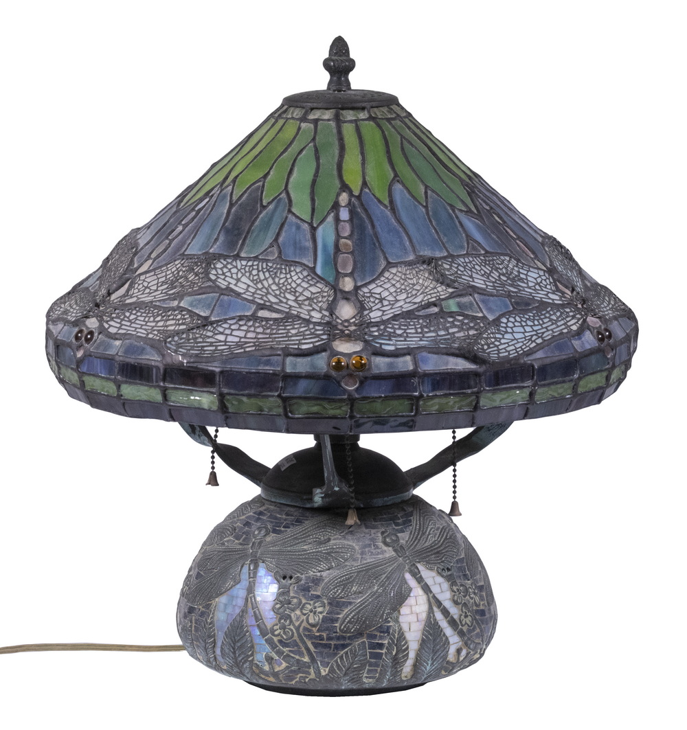 Appraisal: REPLICA TIFFANY DRAGONFLY TABLE LAMP Vintage Leaded Glass and Bronze