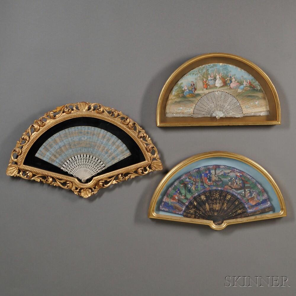 Appraisal: Three Framed Hand Fans Continental th century each with painted