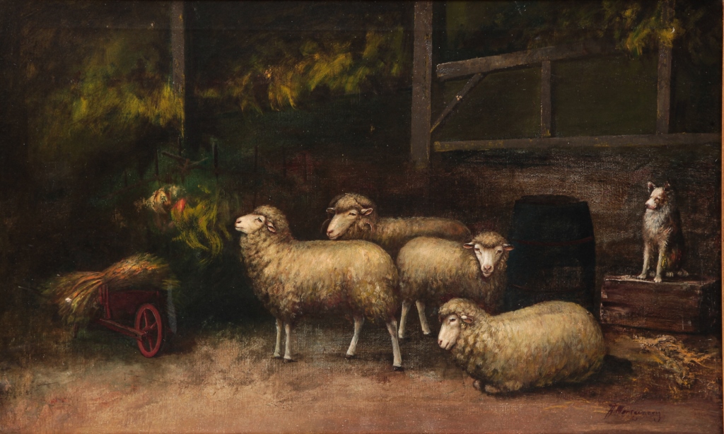 Appraisal: SHEEP BY ALFRED MONTGOMERY American - Oil on canvas signed