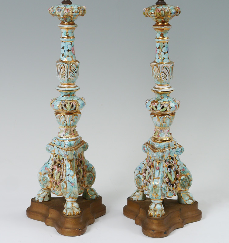 Appraisal: PAIR CAPO-DI-MONTE ITALIAN FAIENCE LAMPS Reticulated body on paw feet