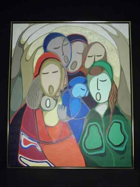 Appraisal: Daphne Odjig Canadian - acrylic on canvas painting ''Friends Rejoicing